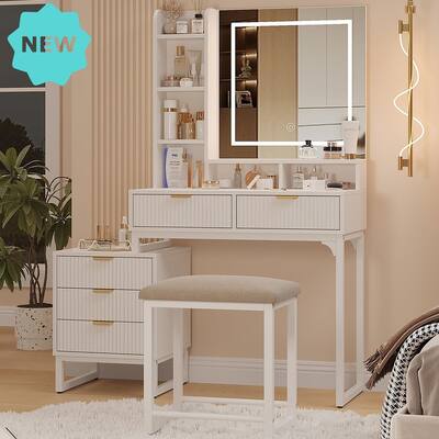 Vanity Desk with LED Mirror and Stool, Movable Side Cabinet, 5 Drawers,
