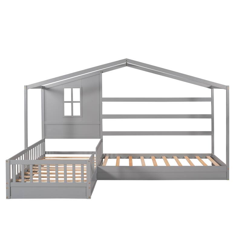 L-Shaped Twin Size Wood Platform Bed Creativity House Bed, 2 Twin Solid Bed with Fence and Slatted Frame