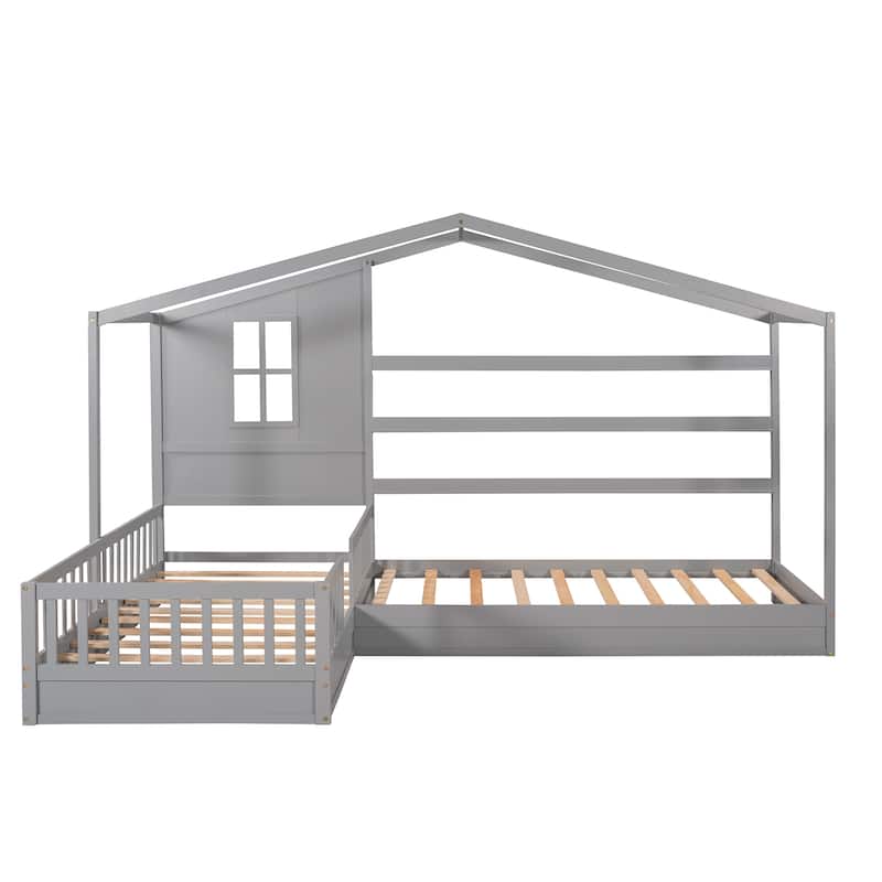 Wood House Bed Twin Size, 2 Twin Solid Bed L structure with fence and slatted frame Bed Bath