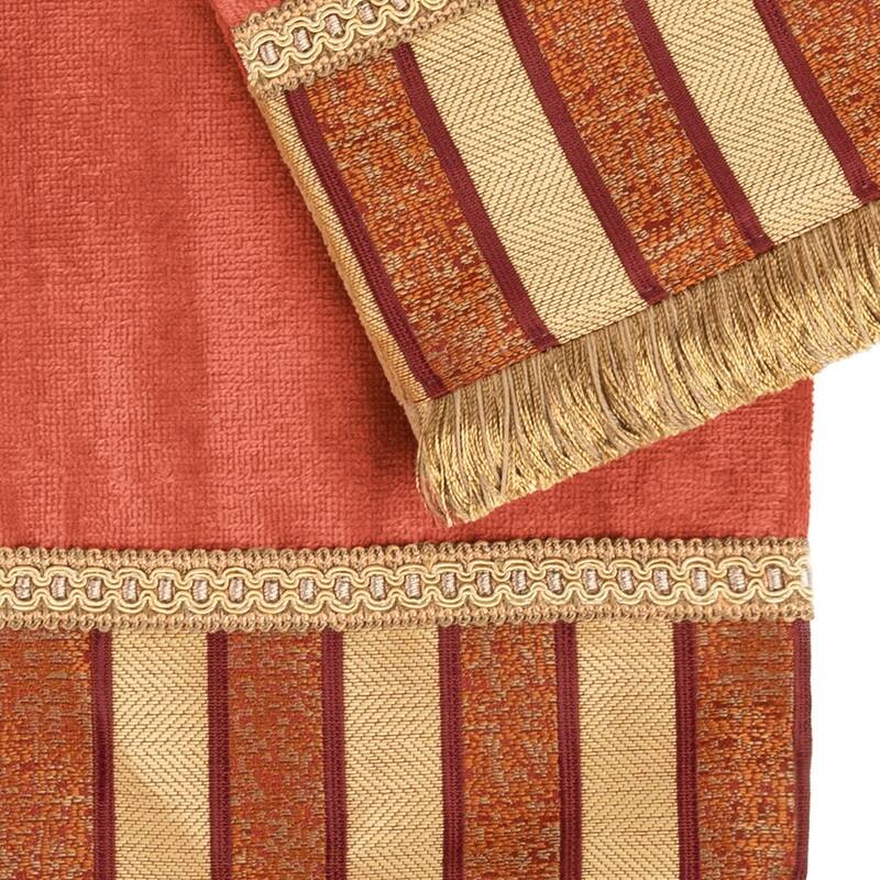 Sherry Kline Queue Coral 3-piece Decorative Towel Set, Jacquard Fabric Band, brush fringe trim 1 Bath Hand & Tip Towel