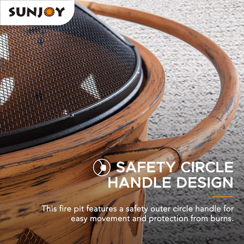 Sunjoy 30 in. Outdoor Wood-Burning Fire Pit, Patio Woven Round Steel Firepit Outside with Spark Screen and Poker - N/A