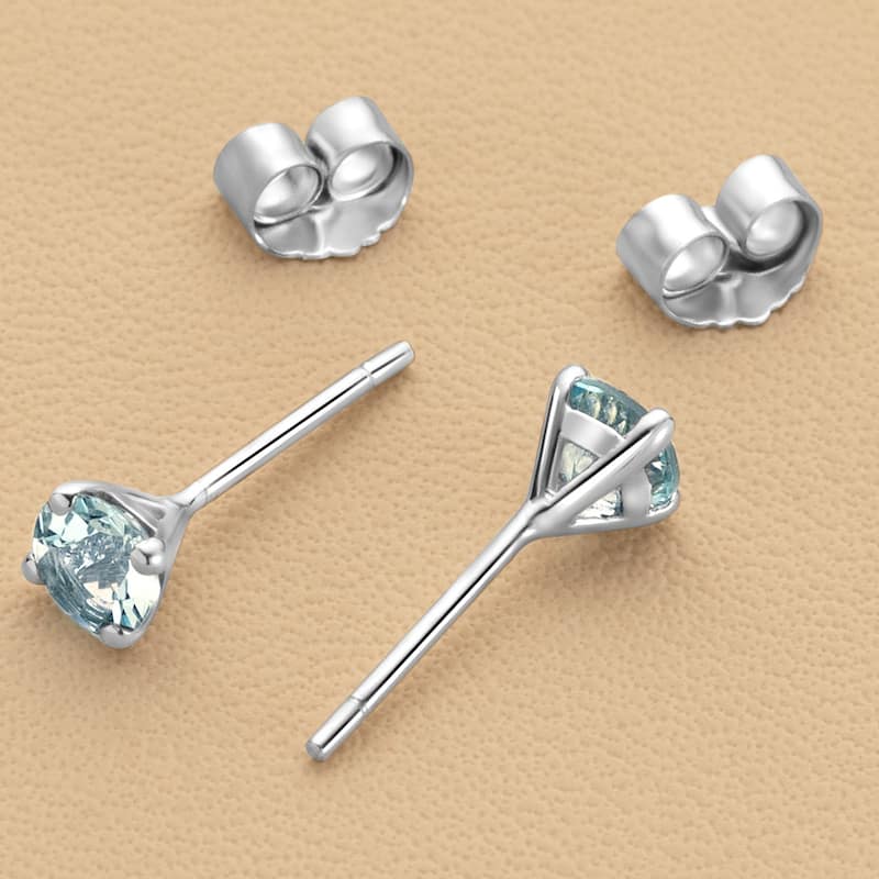 14k Gold 4mm Round Aquamarine Solitaire Stud Earrings