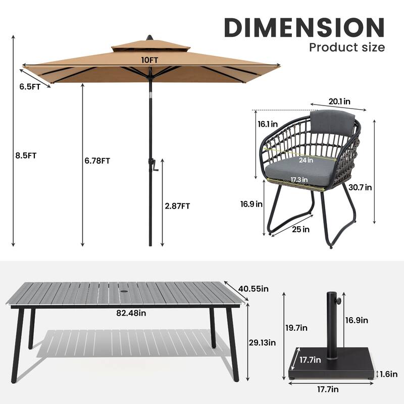 9/11-piece Outdoor Dining Set w/ Umbrella and Base Aluminum Dining Table and PE Rattan Chairs