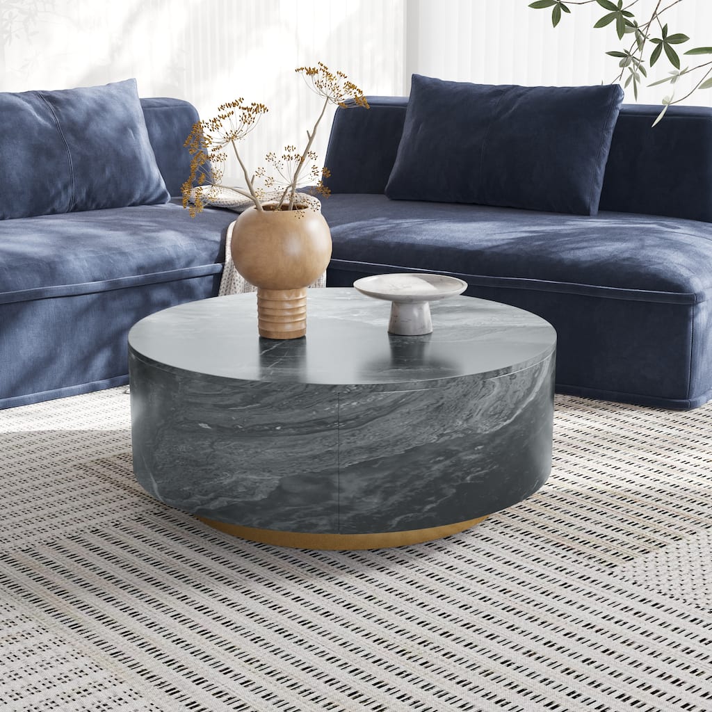 33.5 in Round Marble Top Modern Minimalist Coffee Table with Drawers