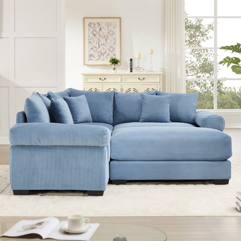GDFStudio - Corduroy 3-Seater 79.1" Cloud Modular Sectional Couch with Ottoman