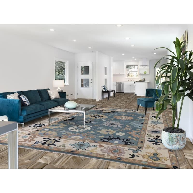 Floral Blue Oushak Oriental Area Rug Handmade Wool Carpet - 9'0"x 11'10"