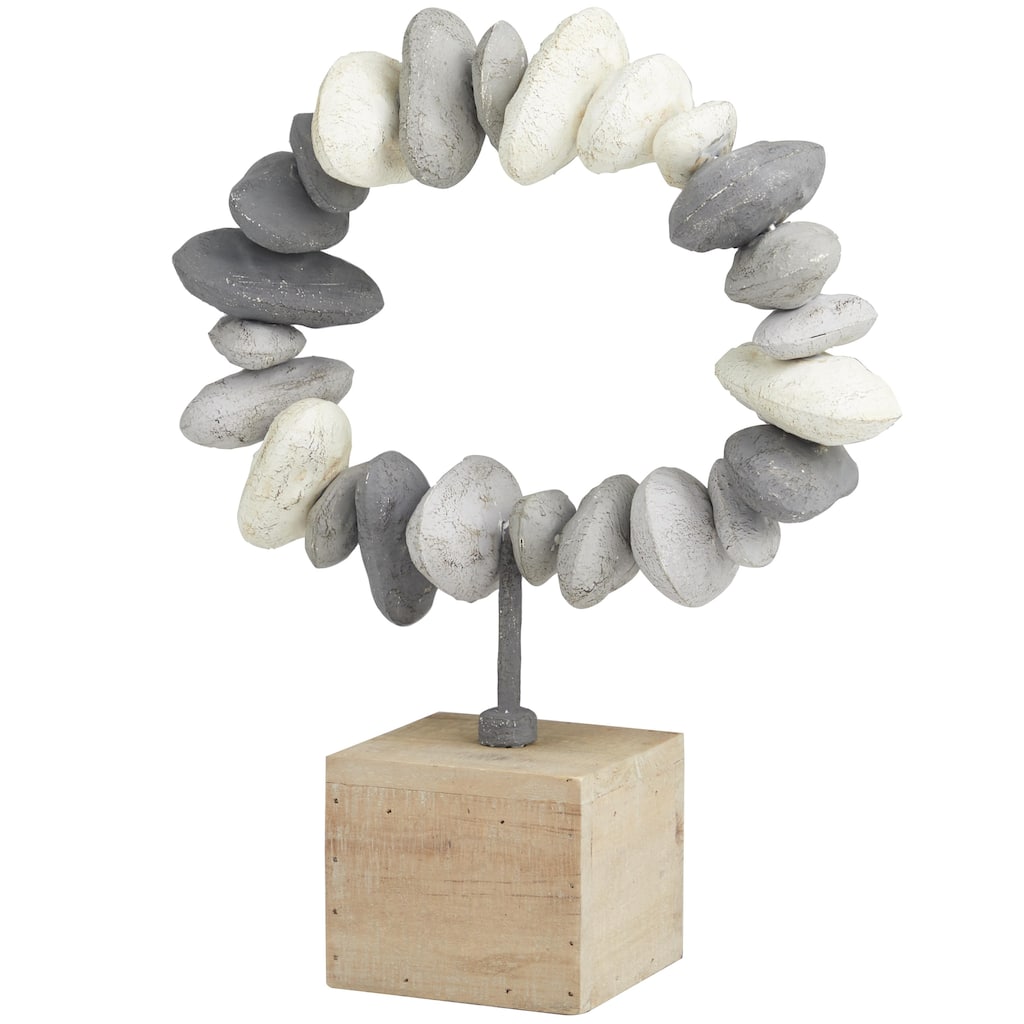 Metal Abstract Circular Stone Decorative Sculpture with Brown Wooden Base - Gray - Roche River Decor