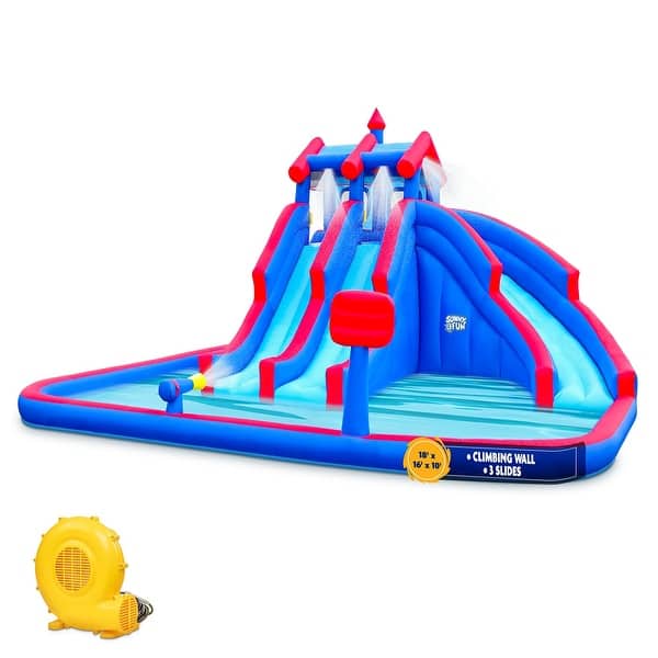 slide 2 of 9, Deluxe Inflatable Water Triple Slide Park - Heavy-Duty Nylon Bouncy Station - Climbing Wall, 3 Slides & Splash Pool - Large