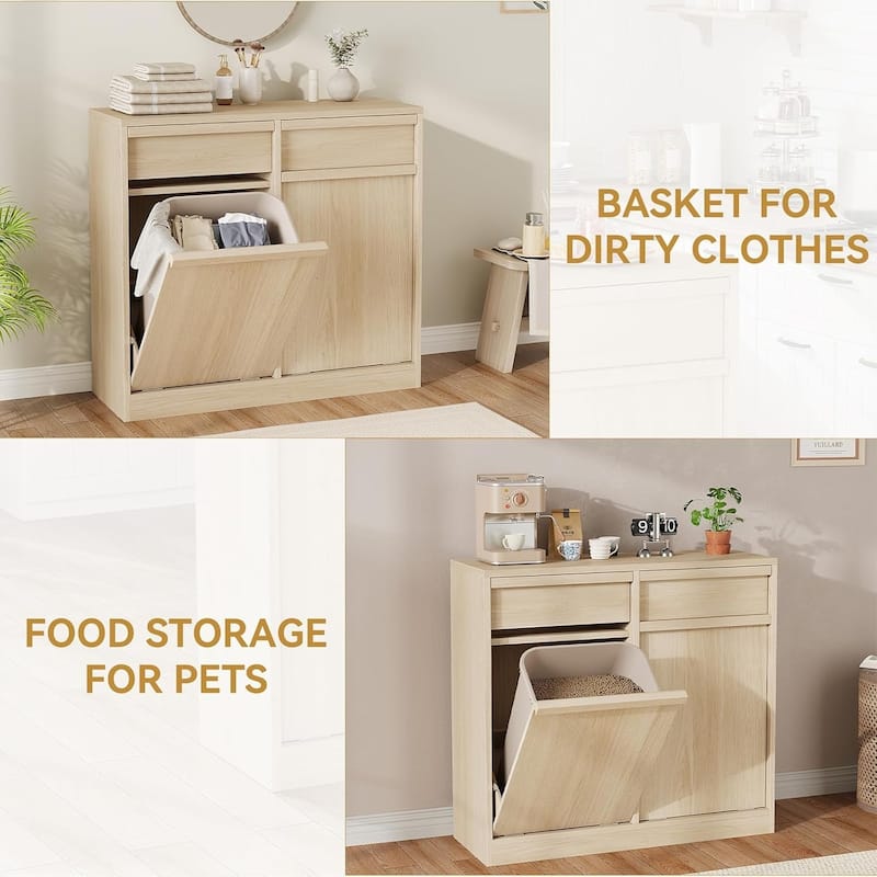 Double Tilt Out Trash Cabinet, with 20 Gallon Storage, Cabinet Laundry Hamper for Kitchen Dining Living Room