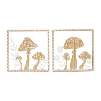 Wooden Mushroom Cutout Home Wall Decor with Carved Twisted Frame and White Floral Accents - Set of 2 Brown - Roche River Decor