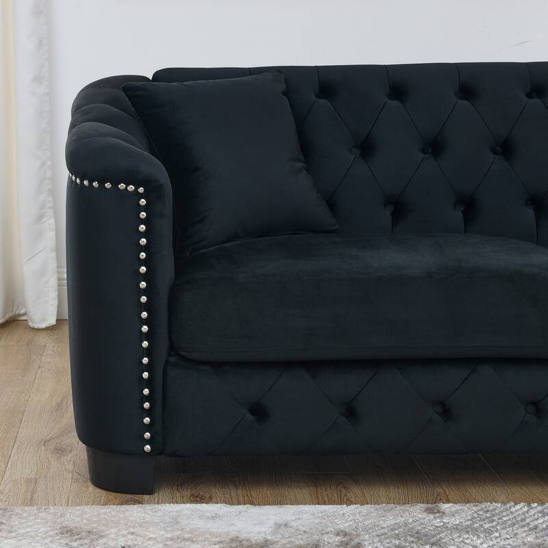 77" Velvet 3-Seater Sofa with Nailhead Arms and 2 Pillows