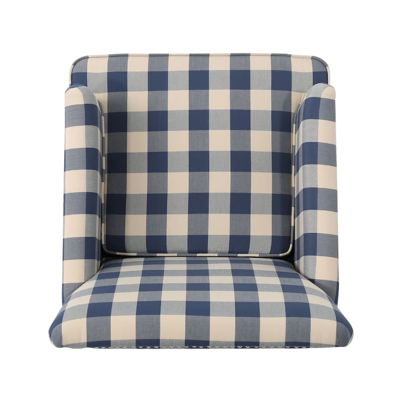Lit Club Accent Chair with Turned Legs, Blue Black and Cream Fabric