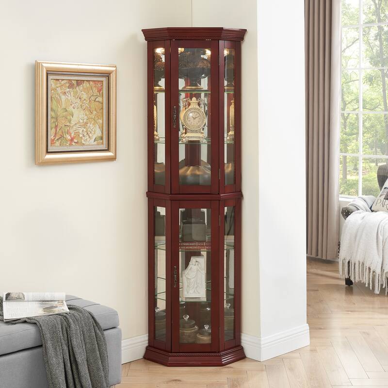 Lighted Corner Curio Cabinet with 6 Shelves, Mirrored Back & Adjustable Tempered Glass, Storage Display Cabinet