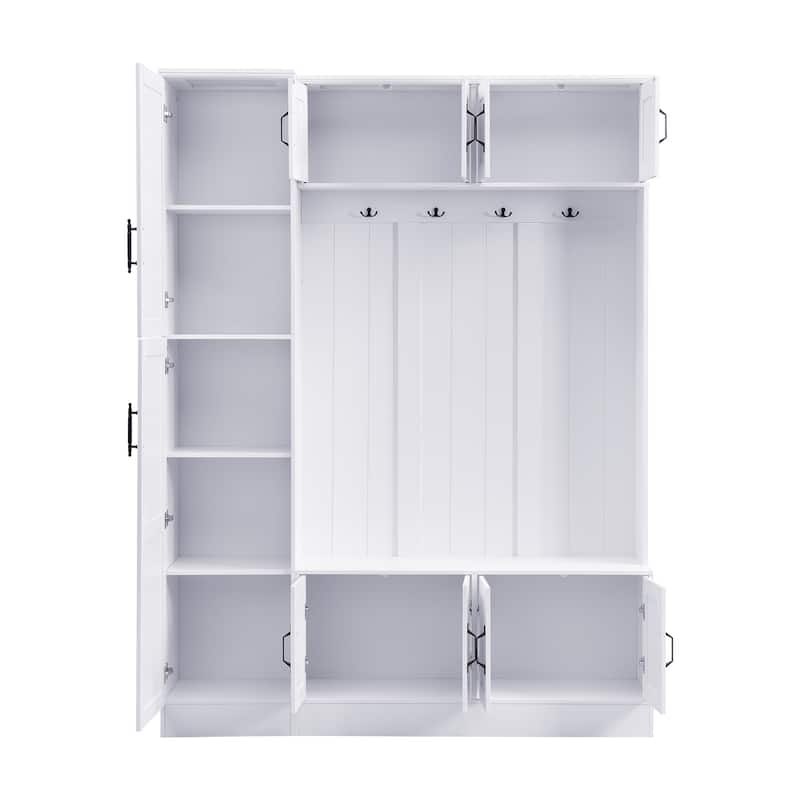 79" Tall Modern Hall Tree with Shoe Storage, 4-in-1 Entryway Bench with 6 Cabinets, 4 Coat Hooks & Adjustable Shelf