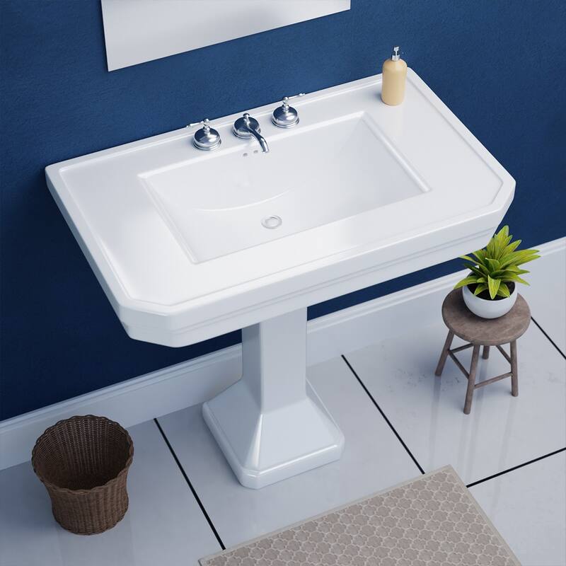 White Pedestal Sink 32" Porcelain with Widespread Faucet Holes and Overflow Renovators Supply