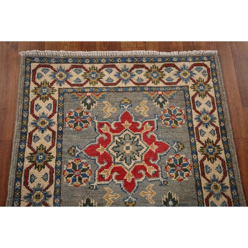 Kazak Oriental Runner Rug Hand-Knotted Grey Wool Carpet - 2'2" x 5'11"
