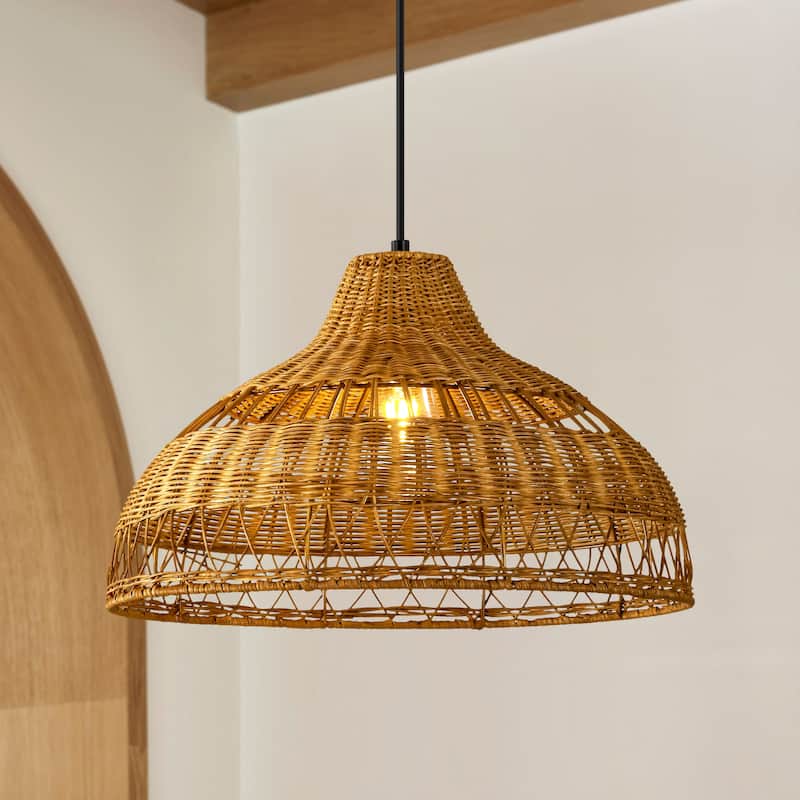 1-Light Farmhouse Brown Natural Handwoven Rattan Dome Pendant Light - 16.9 in. W x 11 in. H - 16.9 in. W x 11 in. H - Brown