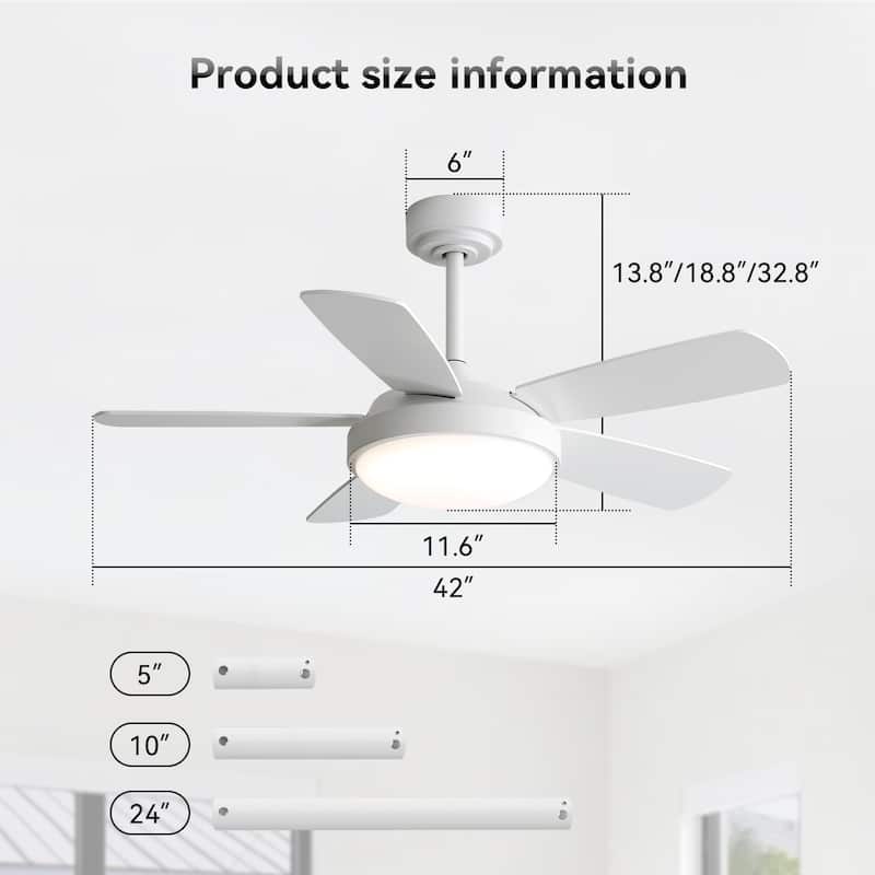 42 Inch White Ceiling Fan with LED Light and Remote Control MDF Blades