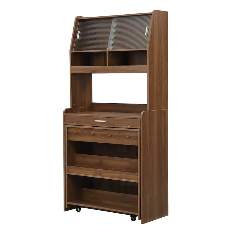 Multifunctional Buffet Hutch and Foldable Dining Table with Storage Unit and Rolling Wheels for Small Spaces