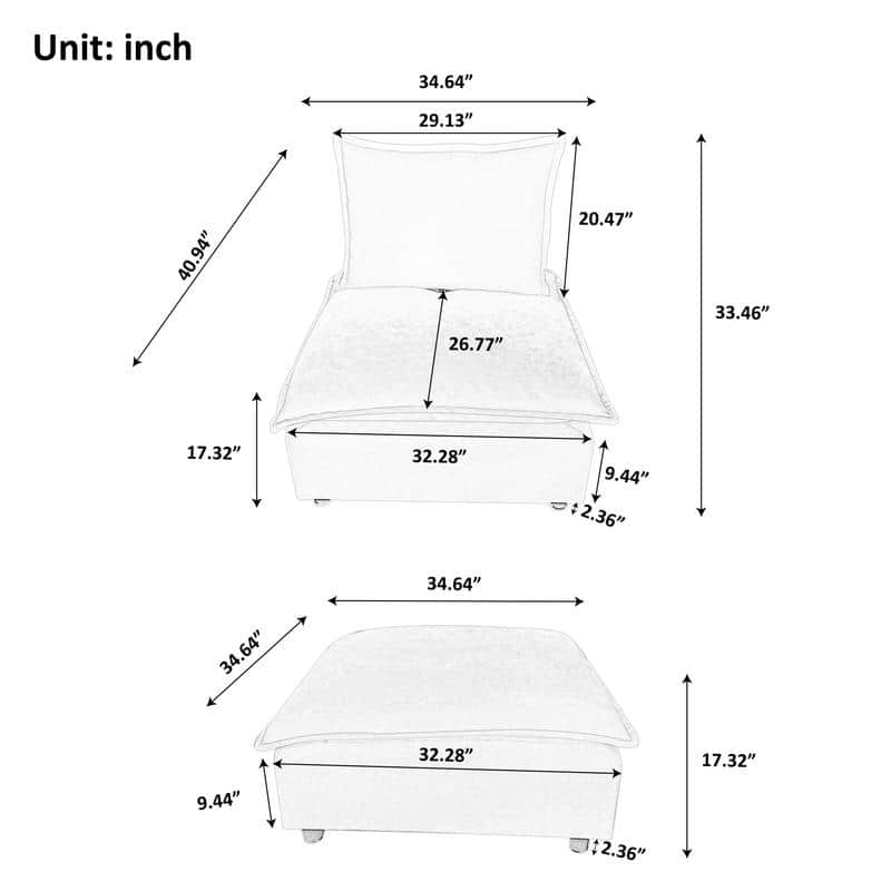 Armless Super Soft Chenille Modular Sofa Design, Single Seater + Ottoman