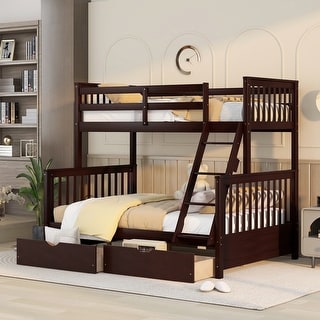 Wooden Frame Bunk Bed with Ladders and 2 Storage Drawers