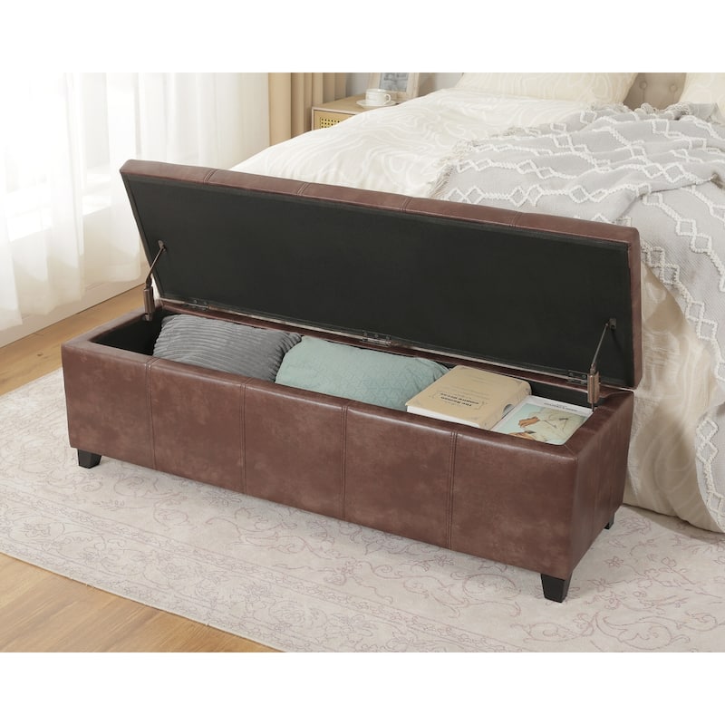 Adeco 48" Faux Leather Storage Ottoman Bench with Double-Stitch - 48.4"x14.96"x15.35"