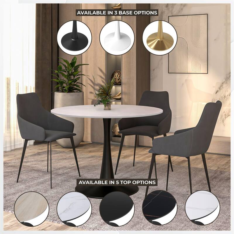 LeisureMod Bristol 40" Round Dining Table for 4 with MDF Wood Tabletop in Black Steel Base for Kitchen & Dining Room