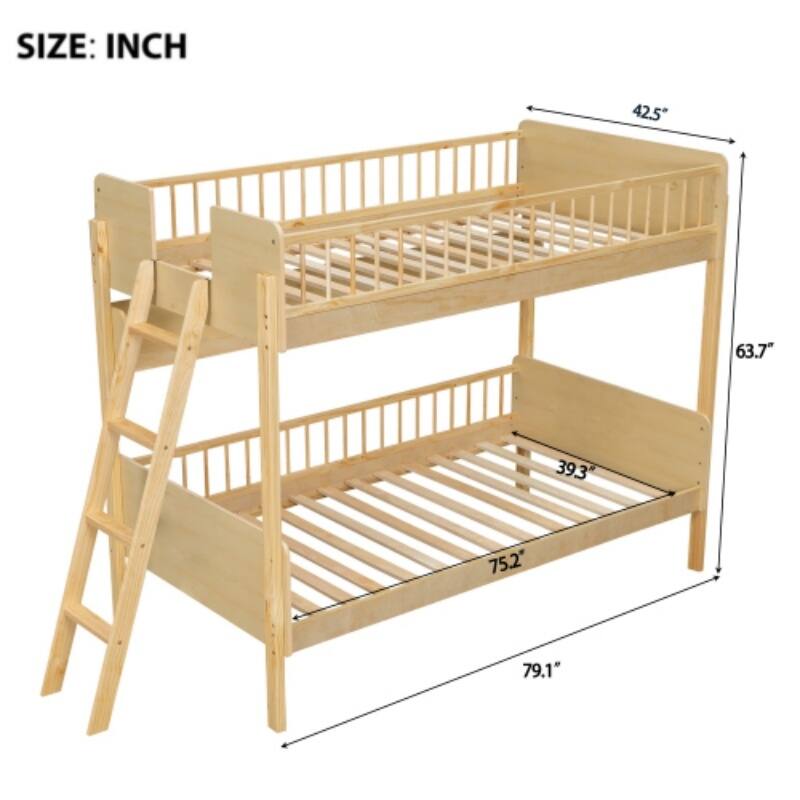 Twin Wooden Bunk Bed with 3 Storage Shelves & Adjustable Ladder
