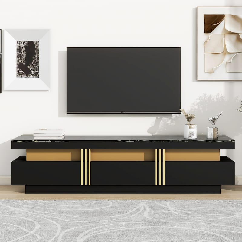 High Gloss TV Stand Media Console Table with Faux Marble Top for TVs Up to 78'', Living Room Entertainment Center with 3 Drawers
