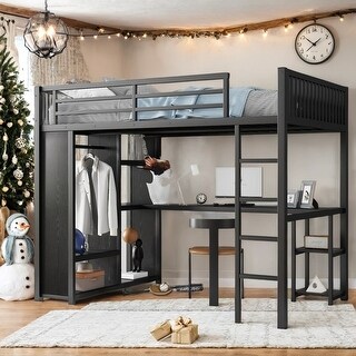 Black Full XL Loft Bed with Wardrobe,Kids Bed with Workstation and Storage for Bedroom