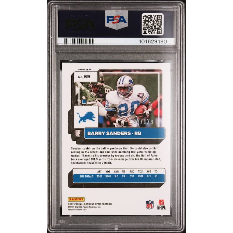 Barry Sanders 2022 Panini Donruss Optic Blue Card #69 Auto Graded PSA 9 97/179 - 8' x 11'