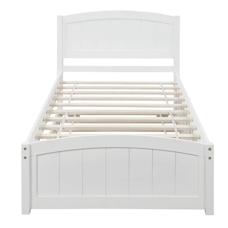 Guest Room Furniture Twin Size Platform Bed with Trundle Bed, Wood Bed Frame with Vertical Stripe Headboard and Footboard