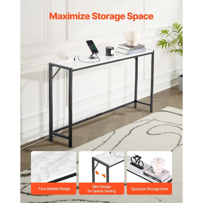 Modern Marble Console Table with Power Outlet for Living Room - 43.3 x 9.4 x 29.2 in