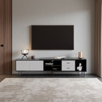 Contemporary TV Stand for 80'' TV with 2 Doors and Open Shelves, Large Storage Media Console for Living Room