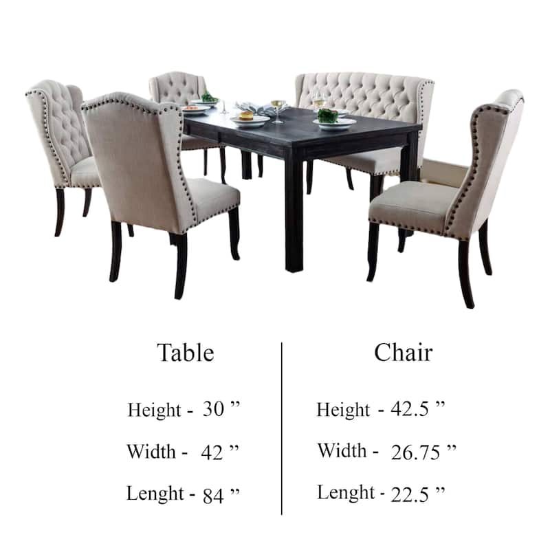 Bega 6pc Dining Table, Bench, Wingback Chair Set, Beige, Black Wood