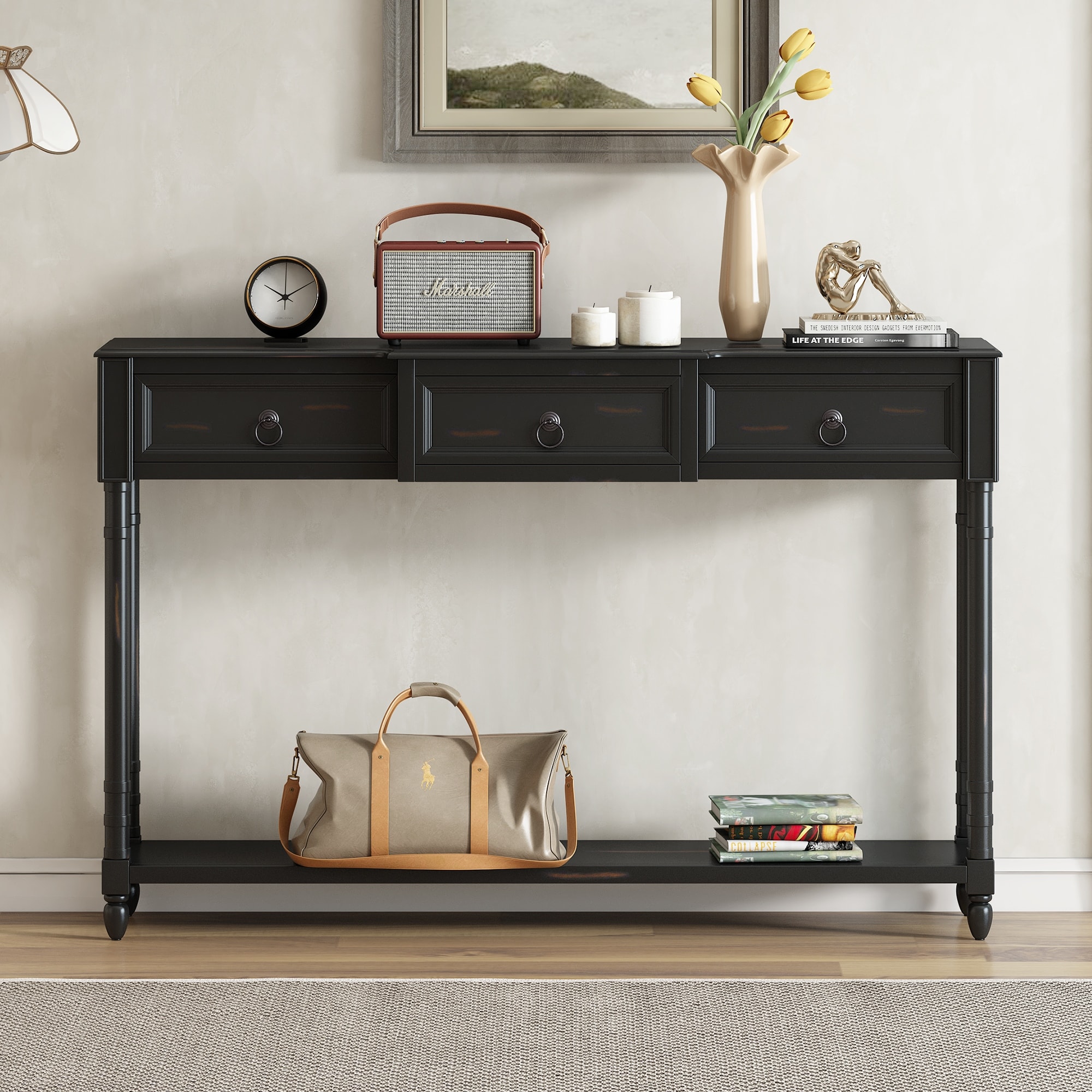 52" Console Table/Sofa Table with Projecting Drawers and Open Shelf, Solid Wood Living Room Entryway Table, Easy to Assembly