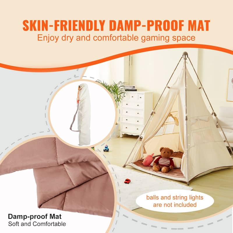 Beige Peach Skin Kids Teepee Tent with Mat, Pop-Up Playhouse for Ages 1 to 5 - 50.4” D x 49.2” W x 68.9” H