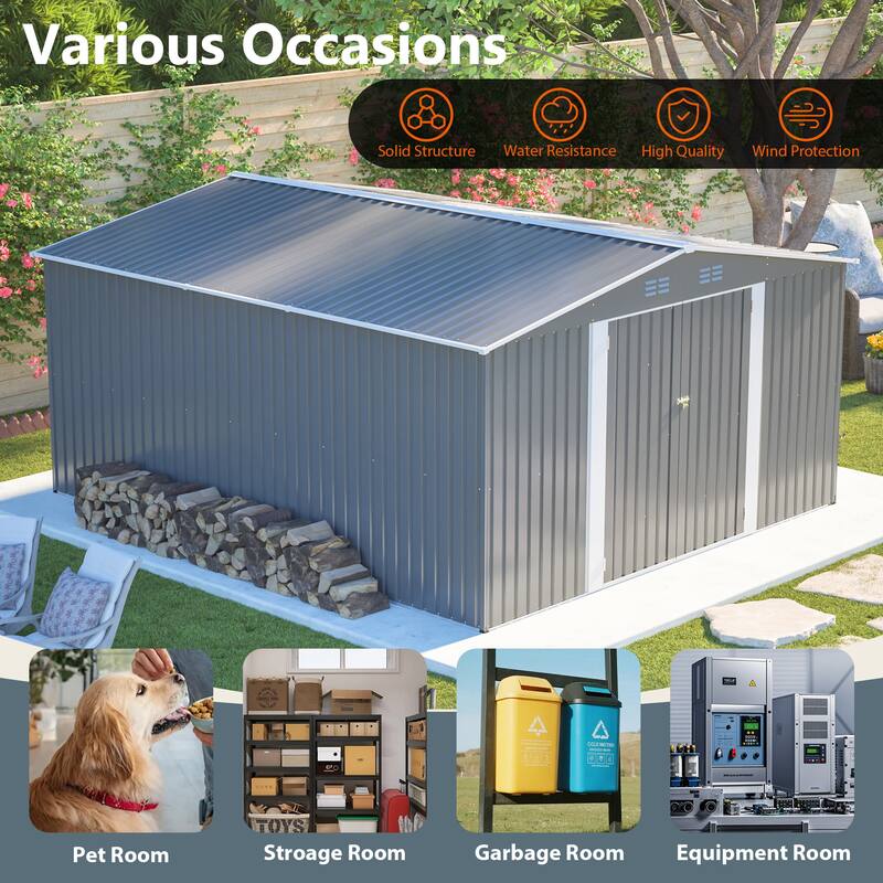 GDFStudio - Cassandra Large Outdoor Metal Storage Shed with Lockable Doors for Secure Vehicle and Equipment Storage