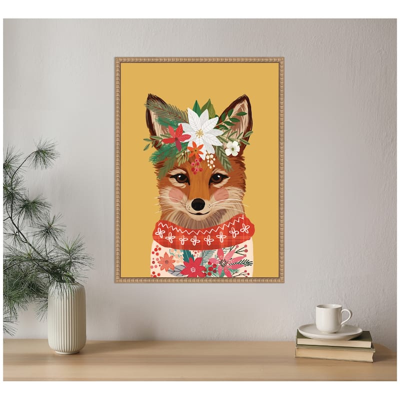 Kate and Laurel Sylvie Beaded Christmas Fox Framed Canvas by Mia Charro