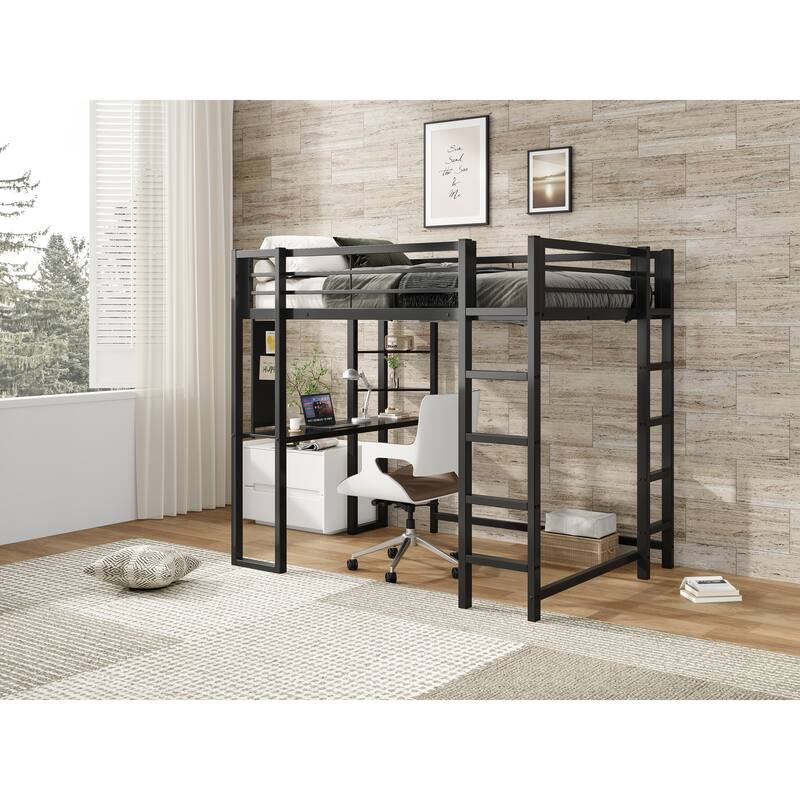 Full Size Metal Loft Bed with Desk and Storage, Ideal for Teens and Kids, Black Bedroom Frame