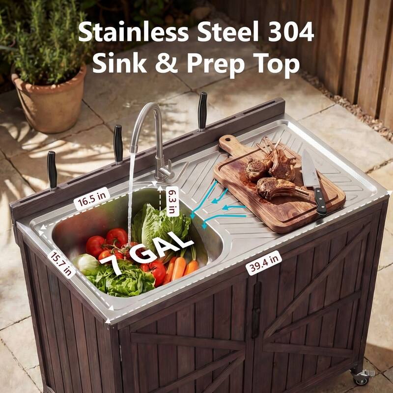 2-Piece Outdoor Kitchen Island Set with Stainless Steel Top and Sink, Drawer and Cabinets for Outdoor Storage w/ Wheels