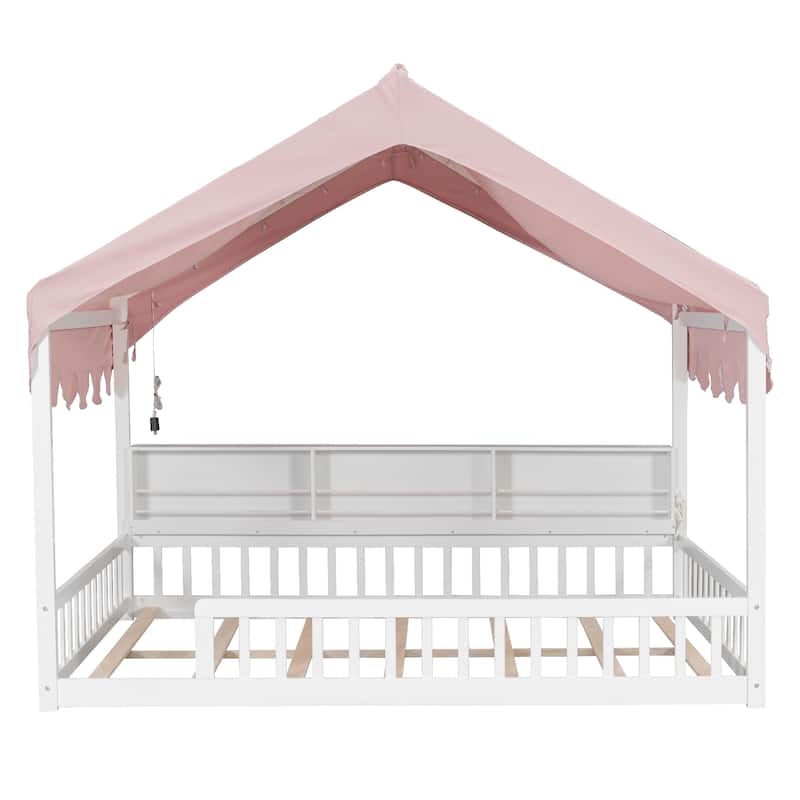 Full Size House-Shaped Daybed with Storage Bookshelves, Canopy Curtain and LED Light, Wooden Floor Bed with Fence