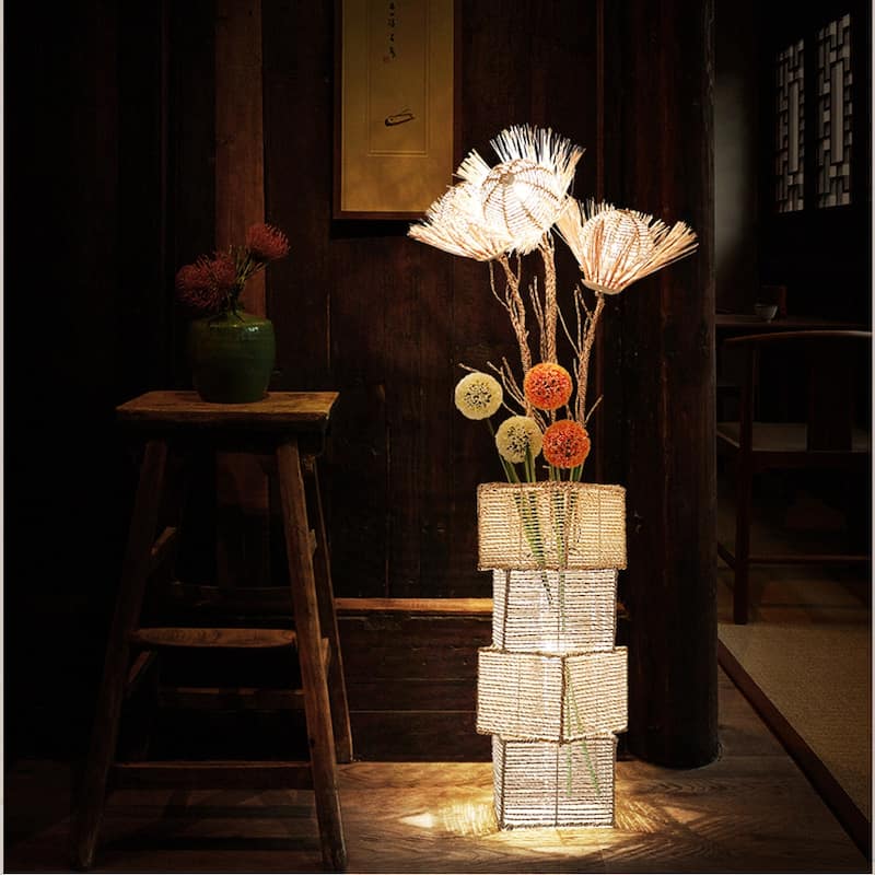 LED Tree Floor Lamp Rattan Flower Art Lamp Decorative Light - 11 in. x11 in.x 52 in. - Beige