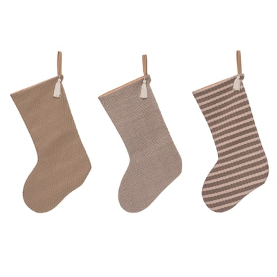 Transpac Fabric Neutral Stocking Set of 3 Christmas Home Decorations