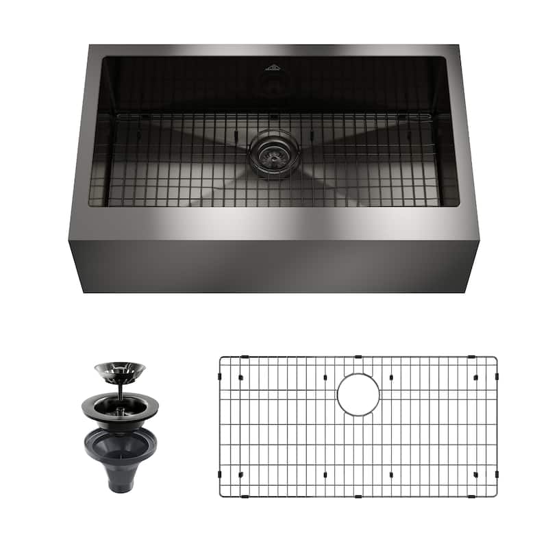 Handmade Stainless Steel 18-Gauge Single Bowl Farmhouse Apron Kitchen Sink in Nano PVD with Bottom Grid and Basket Strainer