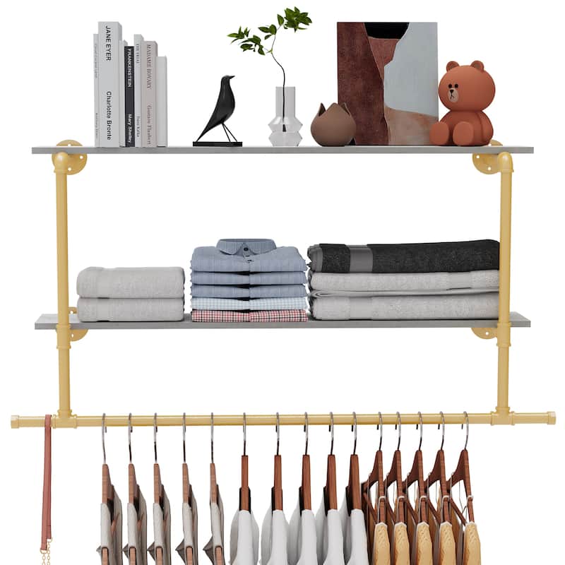 Wall Mounted Clothes Rack with Shelf Industrial Pipe Garment Rack Bar - 45.7x7.56x26.6 inch
