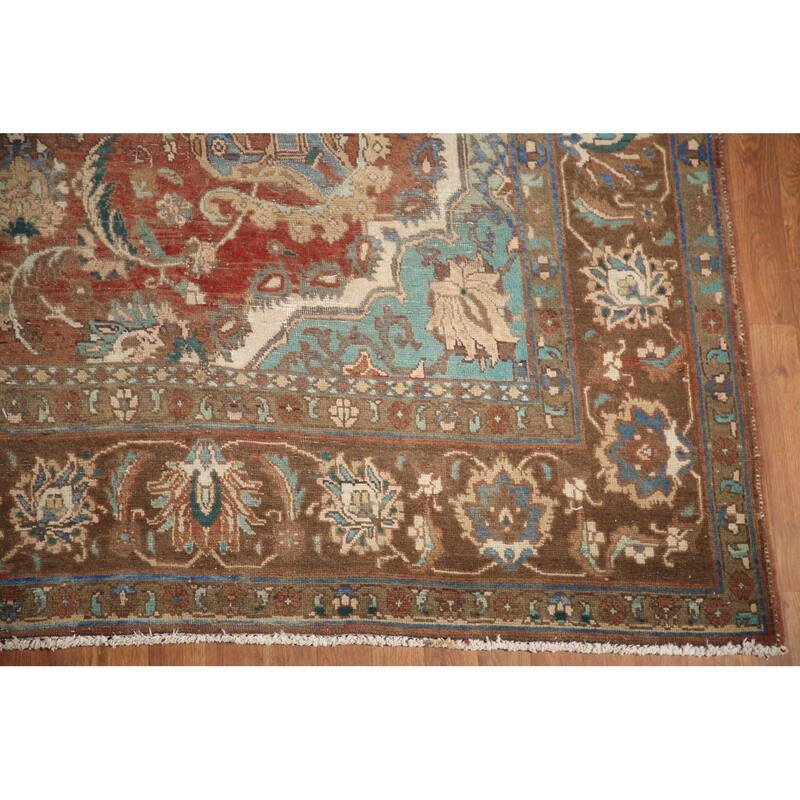 Hand Knotted Oriental 100% Wool Carpet Traditional Floral Brown Mashad Area Rug - 12' 1'' X 8' 10''