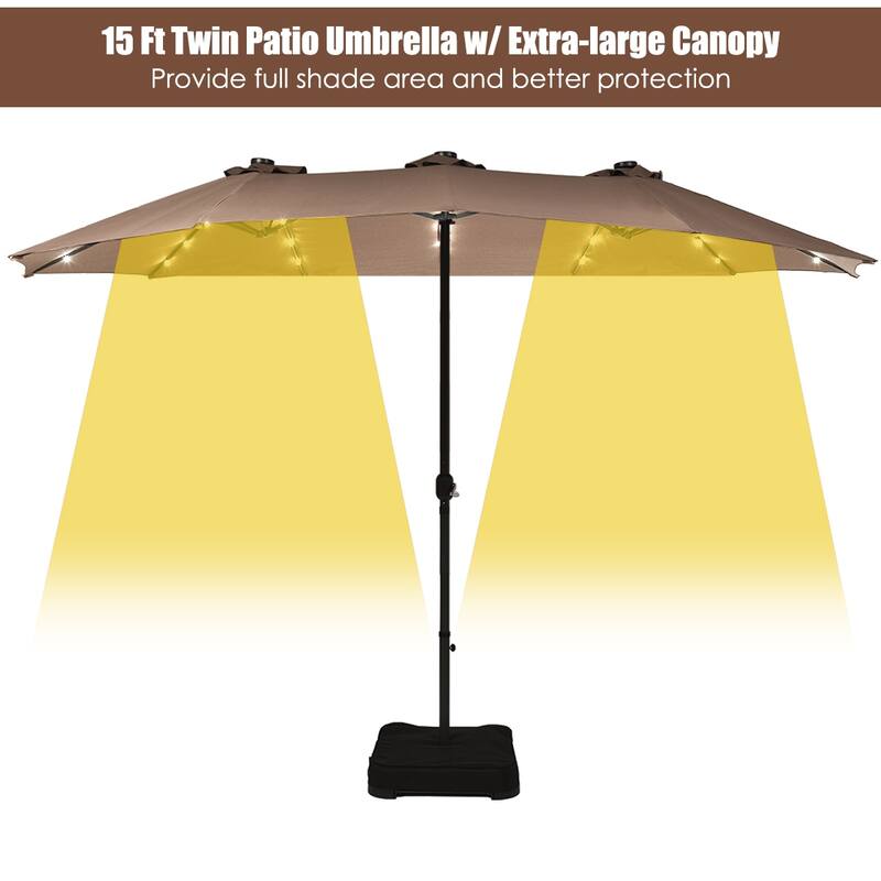 Costway 15Ft Patio Double-Sided Solar LED Market Umbrella Crank Base