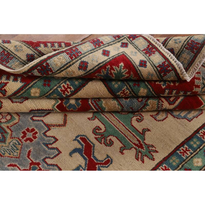Hand Knotted Oriental 100% Wool Carpet Traditional Geometric Beige & Ivories Kazak Area Rug - 8' 0'' X 5' 8''
