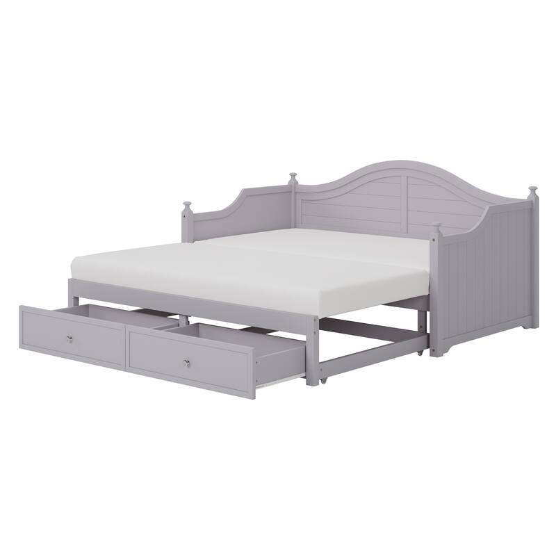 Wooden Daybed with 2 Storage Drawers, Twin Size Storage Platform Bed - Twin Size Extendable Day-bed Pop-up Trundle Bed, Sofa Bed